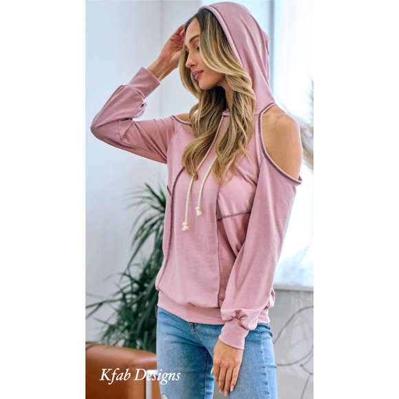 Tops - ❤️LAST 1! Soft Heather Rose Contrast Stitch French Terry Cold Shoulder Hoodie